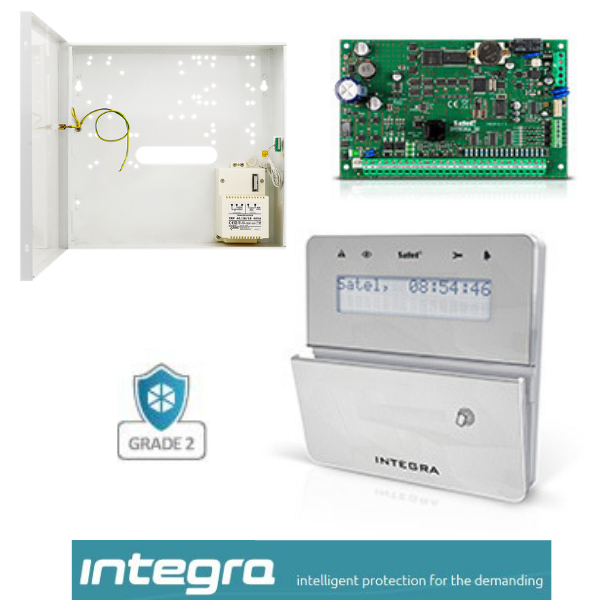 INTEGRA 32 keskus, LCD-k&auml;ytt&ouml;laite, turvakaappi, poweri G2