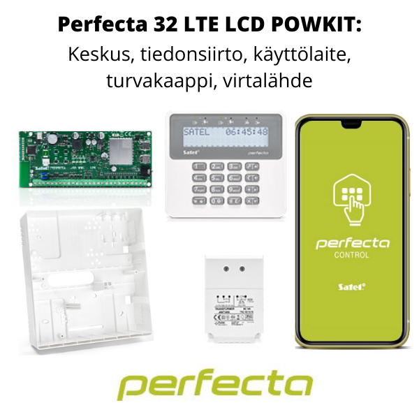 Perfecta 32 LTE keskus, tiedonsiirto, k&auml;ytt&ouml;laite, turvakaappi, poweri